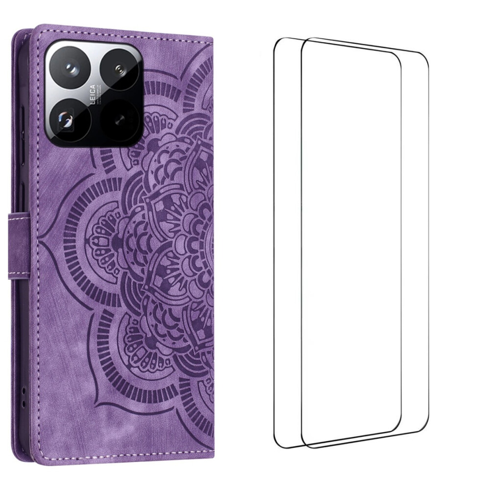 (Purple) For Xiaomi 15T Case With 2Pcs Tempered Glass Wanlonfeng Mtl Series Mandala Leather Phone Cover Purple 6914281958421