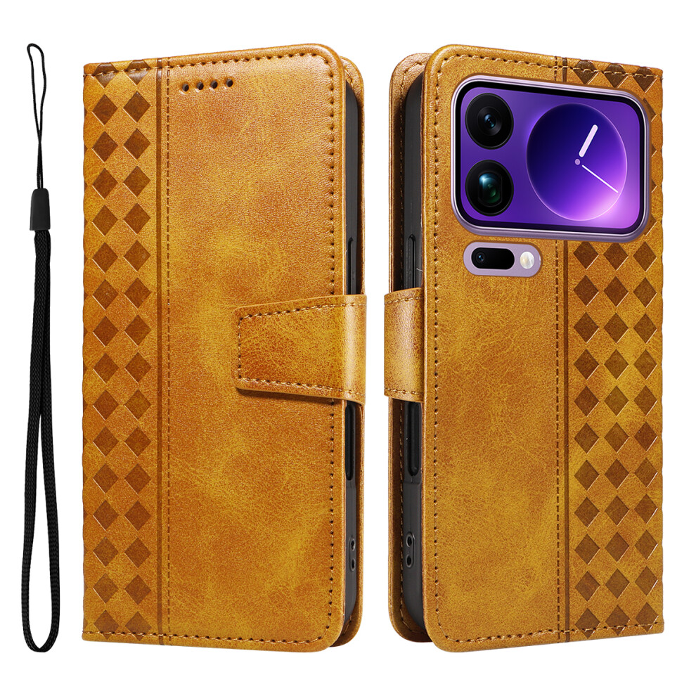 (Yellow) For Xiaomi 17 Pro Max Leather Case Wallet Stand Grids Imprinted Phone Cover With Strap Yellow 6914284661618