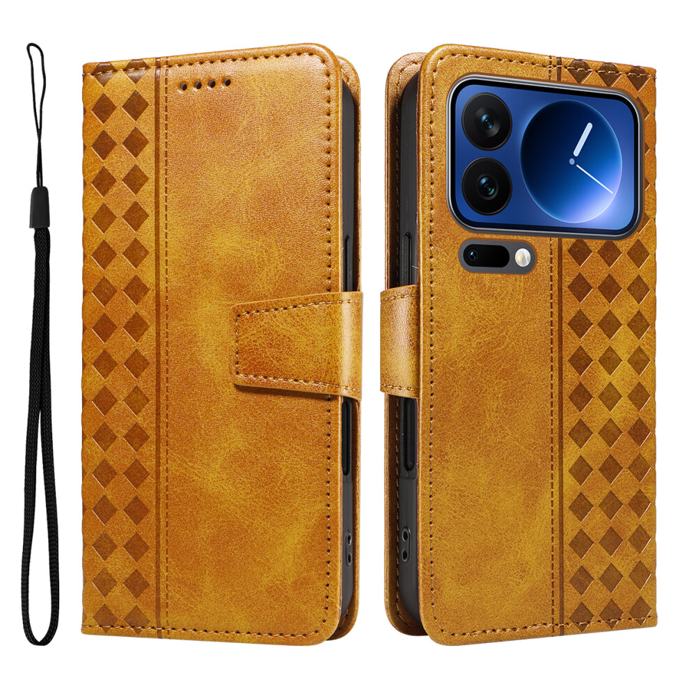 (Yellow) For Xiaomi 17 Pro Leather Case Wallet Stand Grids Imprinted Phone Cover With Strap Yellow 6914281906552
