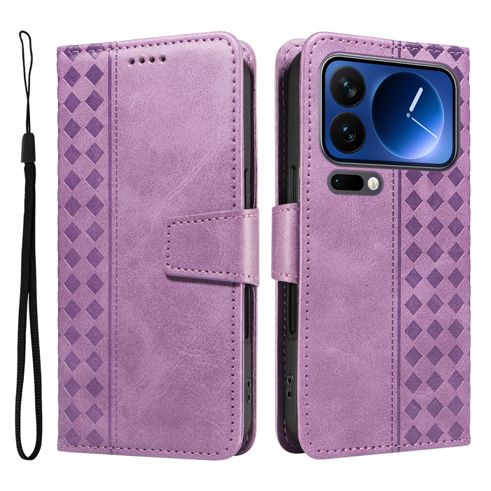 (Light ) For Xiaomi 17 Pro Leather Case Wallet Stand Grids Imprinted Phone Cover With Strap Purple 6914289255133