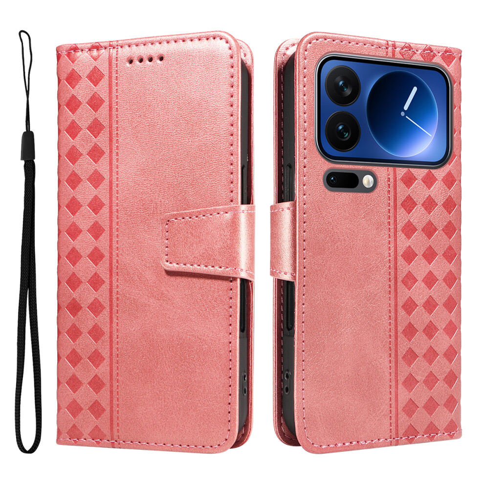 (Rose ) For Xiaomi 17 Pro Leather Case Wallet Stand Grids Imprinted Phone Cover With Strap Gold 6914283731145
