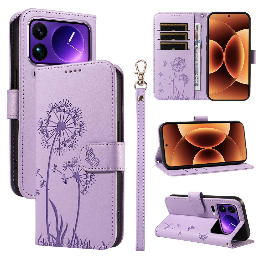 (Purple) For Xiaomi 17 Pro Max Leather Wallet Case With Strap Dandelion Imprint Phone Stand Cover Purple 6914283869923