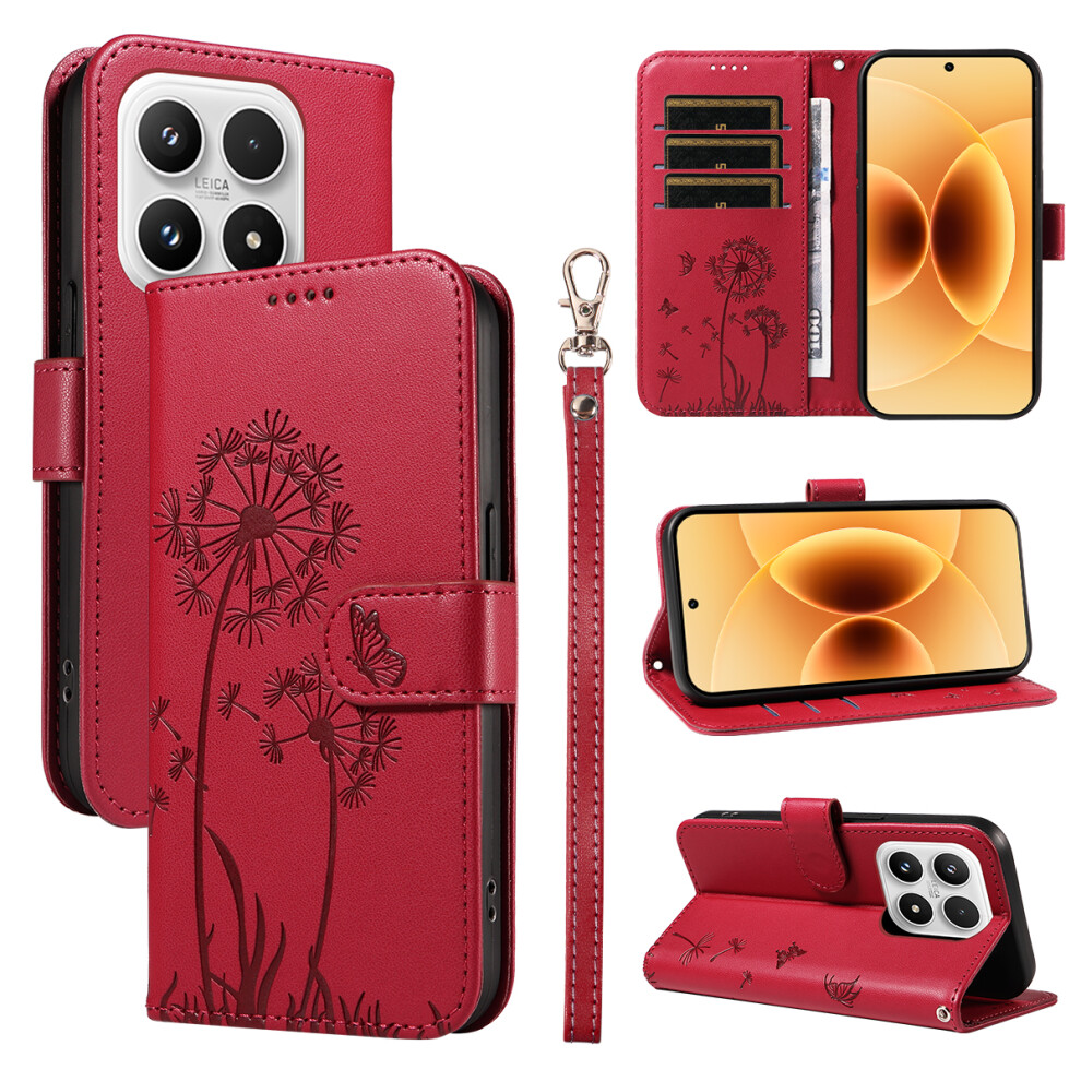 (Red) For Xiaomi 17 Leather Wallet Case With Strap Dandelion Imprint Phone Stand Cover Red 6914280037233