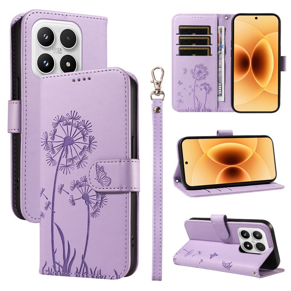 (Purple) For Xiaomi 17 Leather Wallet Case With Strap Dandelion Imprint Phone Stand Cover Purple 6914286646743