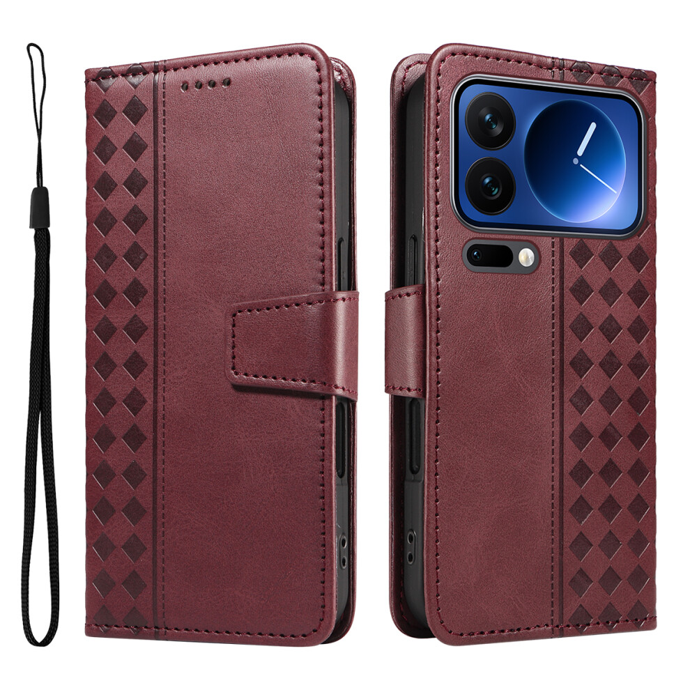 (Wine ) For Xiaomi 17 Pro Leather Case Wallet Stand Grids Imprinted Phone Cover With Strap Red 6914282843184