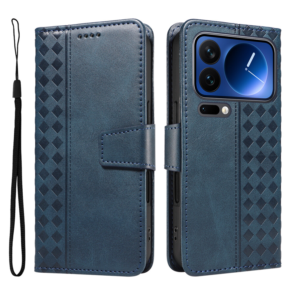 (Blue) For Xiaomi 17 Pro Leather Case Wallet Stand Grids Imprinted Phone Cover With Strap Blue 6914280090306