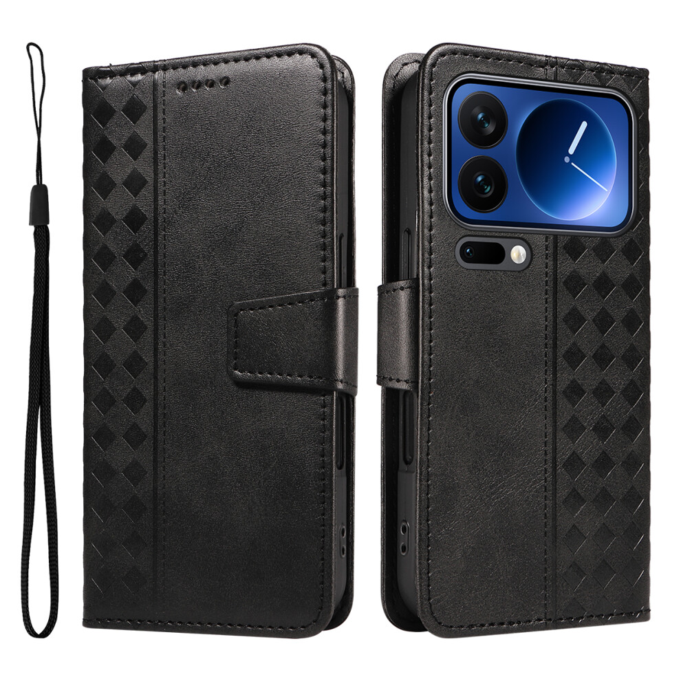 (Black) For Xiaomi 17 Pro Leather Case Wallet Stand Grids Imprinted Phone Cover With Strap Black 6914281326442