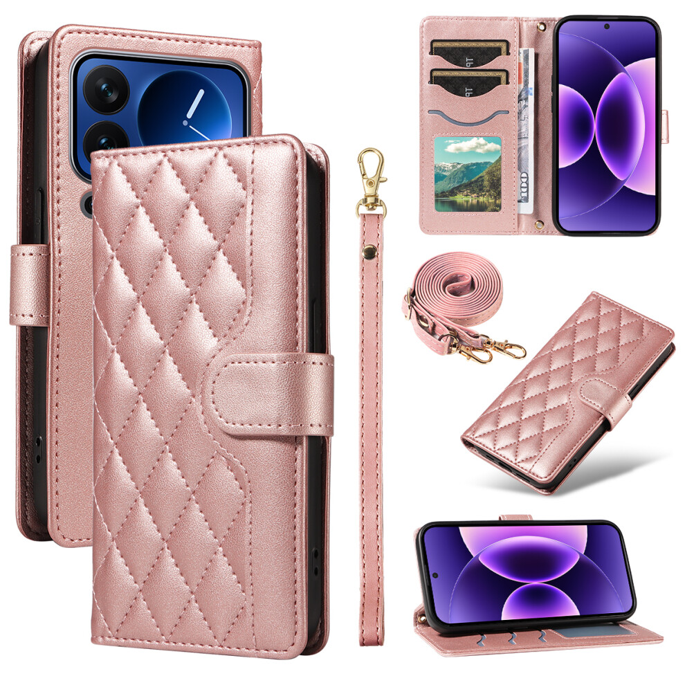(Rose ) For Xiaomi 17 Pro Wallet Case Rhombus Leather Phone Cover With Strap Gold 6914284970345