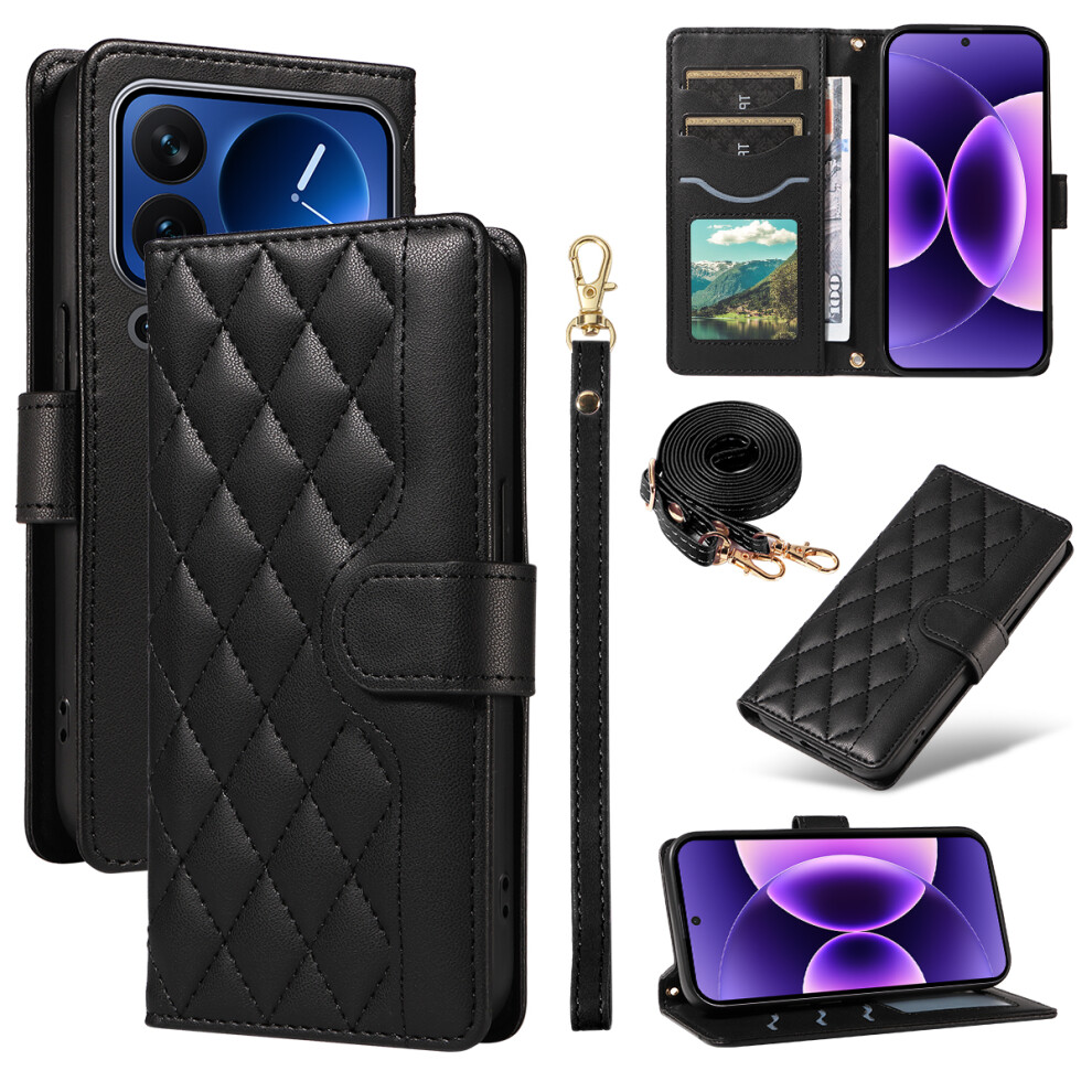 (Black) For Xiaomi 17 Pro Wallet Case Rhombus Leather Phone Cover With Strap Black 6914283436989