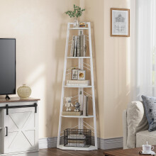 YITAHOME Corner Shelf 5 Tier, Industrial Corner Bookshelf Modern Floorstanding Corner Bookcase Ladder Shelf Wooden Open Shelving Unit for Living Room,