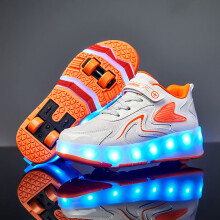 Kids Roller Skates Shoes with USB Chargeable LED Lights, Double Row 4 Wheels, Size 2.5UK, Orange Color for Boys and Girls