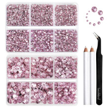 Beadsland 8300PCS Flatback Rhinestones, Pink Rhinestone Nail Gems Round Crystal Rhinestones for Crafts, Mixed 10 Sizes with Wax Pencil and Tweezer