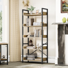 YITAHOME Bookcase 5 Tiers, Floor Standing Book Shelf, Wooden Shelf and Stable Steel Frame Shelving Units with 4 Hooks Industrial Storage Shelf for