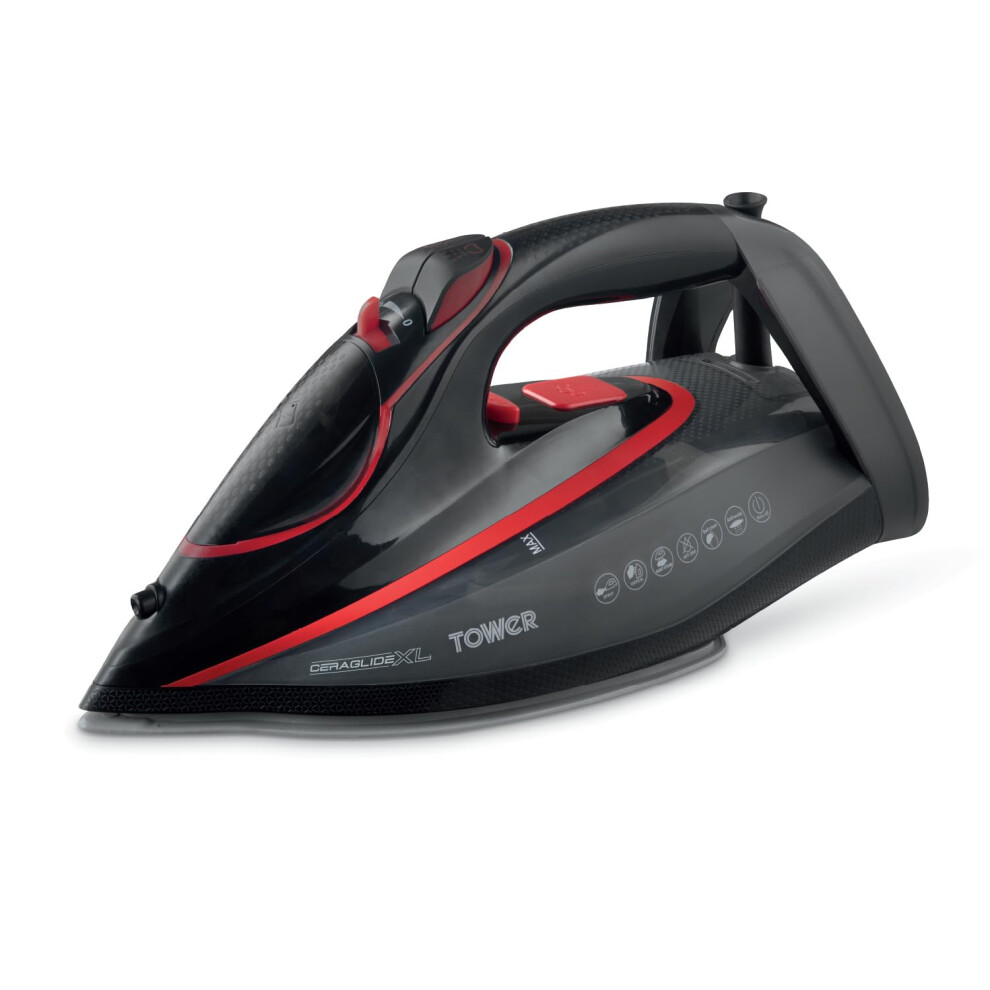 Tower T22034red Steam Iron With Ceraglide Xl Ceramic Soleplate, Ai One Temp Technology, Anti-Drip & Anti-Calc, 350Ml Water Tank, 3100W, Red & Black