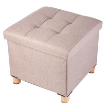 BRIAN & DANY Folding Ottoman Storage Box with Wood Legs, Linen Foot Stool, Footstool with Storage, Highly Elastic Sponge Filling, Beige, 38 x 38 x 38