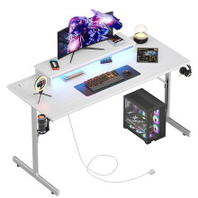 Bestier Gaming Desk 131.6 CM with Power Outlets & LED Light Computer Desk with Monitor Stand Gamer Workstation with Cup Holder & Headset Hooks for