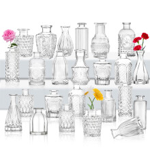 Glass Bud Vase Set 24, Small Flower Vases for Wedding Centerpiece Table Decorations Clear Vintage Embossed Mini Flower Arrangements in for Party or