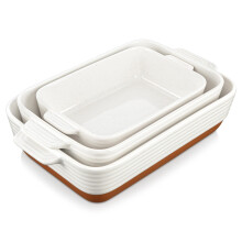 MALACASA Casserole Dishes for Oven, Ceramic Baking Dishes Set of 3, 1.45/2.7/3.8L Rectangular Baking Pan Set, Deep Lasagna Pan with Handles, Khaki