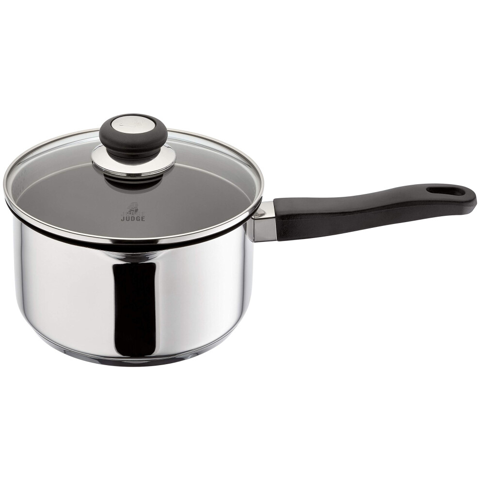 Judge Vista Stainless Steel Non-Stick Large Saucepan With Pouring Lip 20Cm 3L, Glass Strain & Pour Lid, Induction Ready, Oven Safe