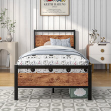 HOJINLINERO Metal Single Bed Frames with Wood Headboard,Industrial Bed Frame Single for Adult,Heavy Duty Platfrom Metal Slats Support,Easy