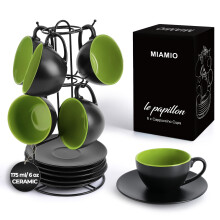 MIAMIO - Set of 6, Ceramic Stackable Cappuccino Cups Set / 175 ml Cappuccino Mugs and Saucer with Metal Stand for Coffee Drinks, Cappuccino, Latte,