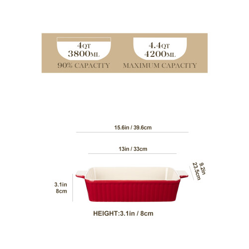 MALACASA 4.4 QT Baking Dish, 9x13 Large Casserole Dish for Oven, Ceramic Baking Pan, Rectangular Lasagna Pan Deep with Handles for Baking, Durable 1