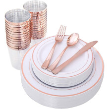 LATERN 150Pcs Multi-Use Rose Gold Plastic Dinnerware Set, 25 x Reusable Dinner Plates, 25 x Salad Plates, 25 x Knive, 25 x Mini Forks, 25 x Spoons, 25