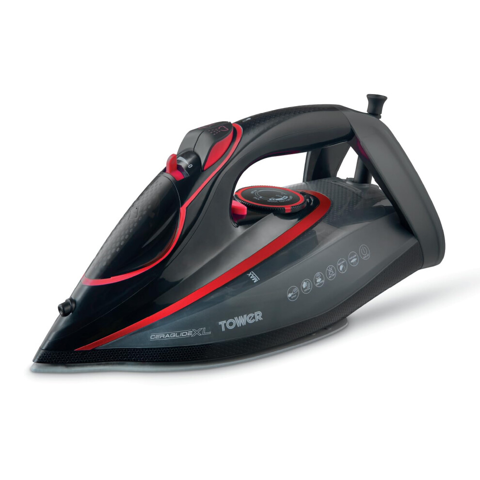 Tower T22032red Steam Iron With Ceraglide Xl Ceramic Soleplate, Adjustable Temperature Control, Anti-Drip & Anti-Calc, Auto Shut Off 350Ml Water Tank,