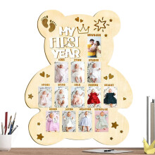 Baby Photo Board - Wooden Growth Record Picture Frame for First Birthday, Travel Memories, Bear Head Design