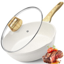 GiPP Nonstick Deep Frying Pan - 2.6L White Granite Saute Pan with Lid, Pour Spout and Stay-Cool Handle, Non Stick Skillet Non Toxic Cooking Pan