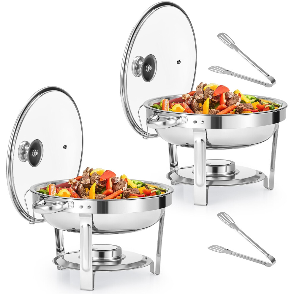Chafing Dish Buffet Set, 2 Pack 4.5L Round Chafers For Catering With Glass Lid & Lid Holder Water Food Pan, Stainless Steel Food Warmers Wilprep