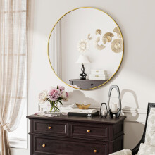 Koonmi 76 cm Gold Round Mirror - Classic Circle Wall Mirror with Aluminum Alloy Frame for Bathroom or Hallway
