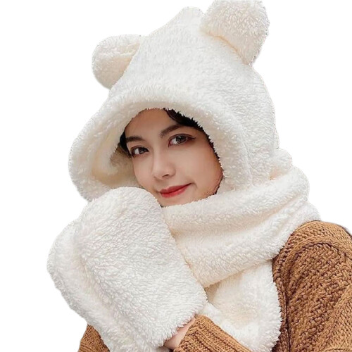 Ensemble de gants couvre-chef écharpe en fourrure pour-Blanc