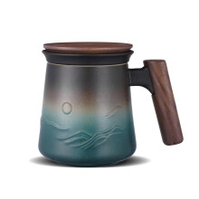 ZENS Tea Infuser Mug for Loose Tea Strainer, 430 ML Embossed Ceramic Tea Cup with Infuser for Hot Tea Diffusers, Wood Handle Loose Leaf Tea Mug Green