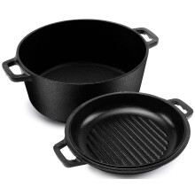 KICHLY 4.7L/5.0 Quart Pre Seasoned Cast Iron Pan, Dutch Oven with Lid, Dual Function Griddle Pan, 10.6 Inch (27 cm), Casted Pot with lid, Casserole