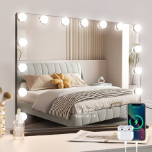 FENCHILIN Hollywood Vanity Mirror with Type-C and USB Output Port Lighted Cosmetic Mirror with Lights & 15 Bulbs 3 Lighting Modes Tabletop and Wall