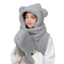 Chapeau écharpe en fourrure avec gants, couvre-chef épais-Gris
