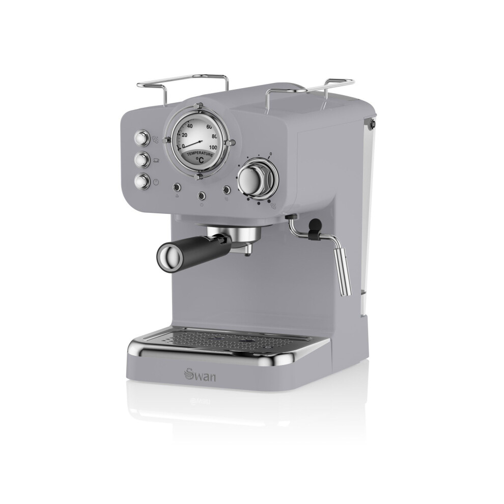 Swan Sk22110grn Retro Espresso Plastic Coffee Machine With Milk Frother, Steam Pressure Control, 1.2L Detachable Water Tank, 1100W, Retro Grey Brown,Grey