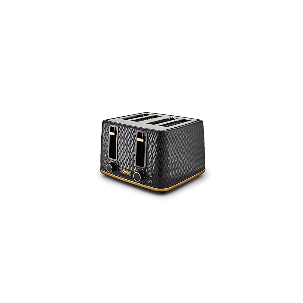Tower T20061blk Empire 4-Slice Toaster With Defrost/Reheat, Removable Crumb Trays, 1600W, And Brass Black