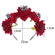 Rød blomsterkrone, hårgirlander til bryllup for de dødes dag, justerbar kranspannebånd med slitesterkt Halloween-hodeplagg til maskeradefest,