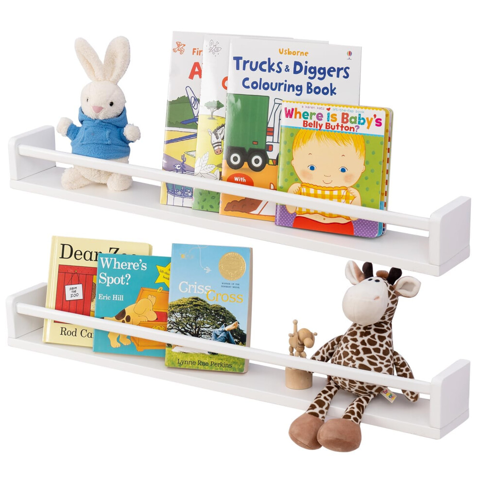 Gieanoo Nursery Book Shelf, Set Of 2 White Floating Shelves Solid Natural Wood 80Cm Bookshelf Kids Room Wall Mounted Baby Floating Book Shelves Decor