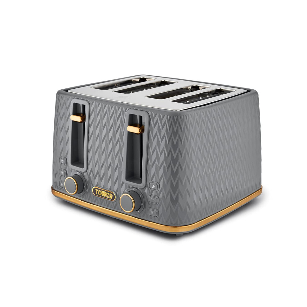 Tower T20061gry Empire 4-Slice Toaster With Defrost/Reheat, Removable Crumb Trays, 1600W, And Brass Grey