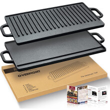 OVERMONT Pre-Seasoned Cast Iron Reversible Griddle Grill Pan with Handles for Gas Stovetop Open Fire Oven, 51.2 * 23.5CM (20x9.2) - One Tray, Scrapers