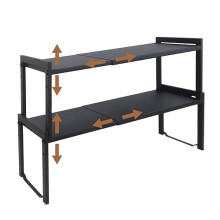 Goodsnetic 2 Packs Expandable Cabinet Shelf 13.8~26"(L), Stackable Kitchen Counter Shelf Organizer, 33LBS Heavy Duty Shelf Riser, Countertop Storage