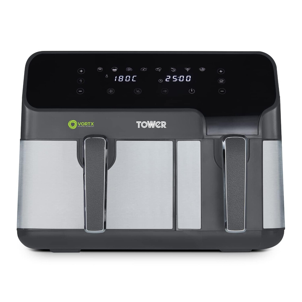 Tower T17099 Vortx 5.2L & 3.3L Eco Dual Basket Air Fryer With 8 One-Touch Pre-Sets, 1700W, Black