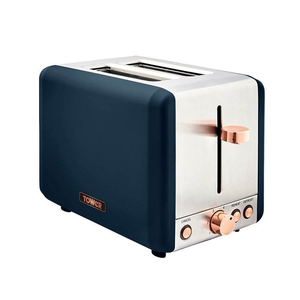 Tower T20036mnb Cavaletto 2-Slice Toaster With Defrost/Reheat, Stainless Steel, 850W, Midnight And Rose Blue/Gold