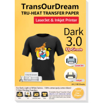 TransOurDream Tru-Transfer Paper Upgraded 3.0 100 Sheets A4 for Inkjet&Laser Printer Iron on Heat Transfer Paper for Dark Fabric Transfers for Black