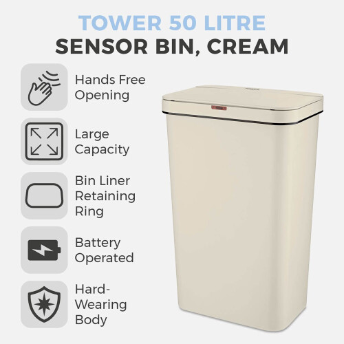 Tower Tower T838005C Sensor Bin with Retainer Ring, Battery-Operated, 50L, Cream 1