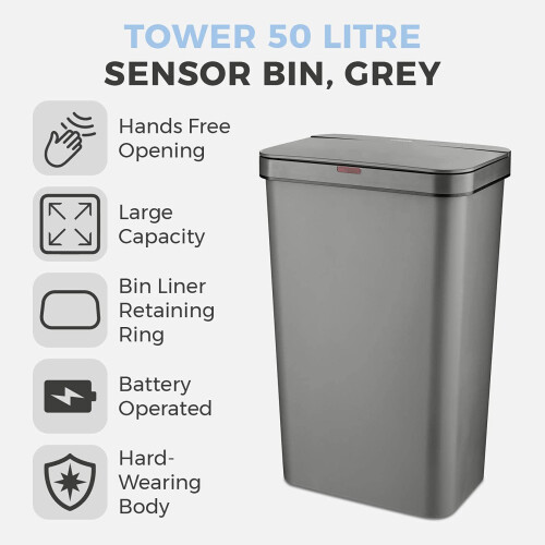 Tower Tower T838005G Sensor Bin with Retainer Ring, Battery-Operated, 50L, Grey 1