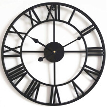 80 cm diameter, vintage clock, wrought iron material, Roman numeral dial, open face design, black.